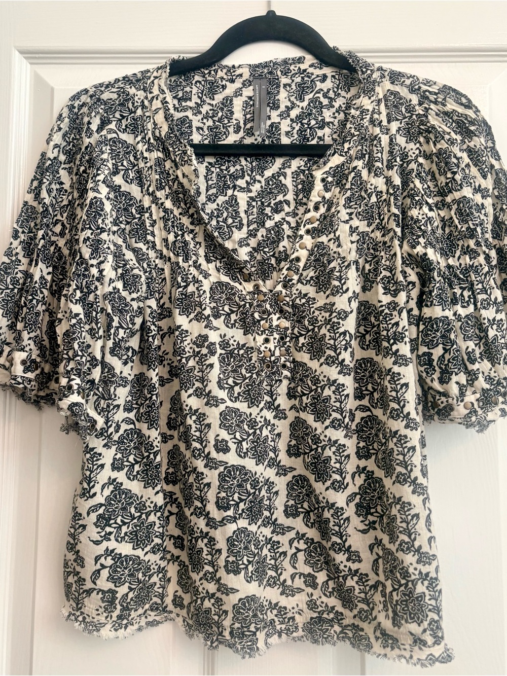 Anthropologie Black Floral Puff Sleeve Blouse on Cream